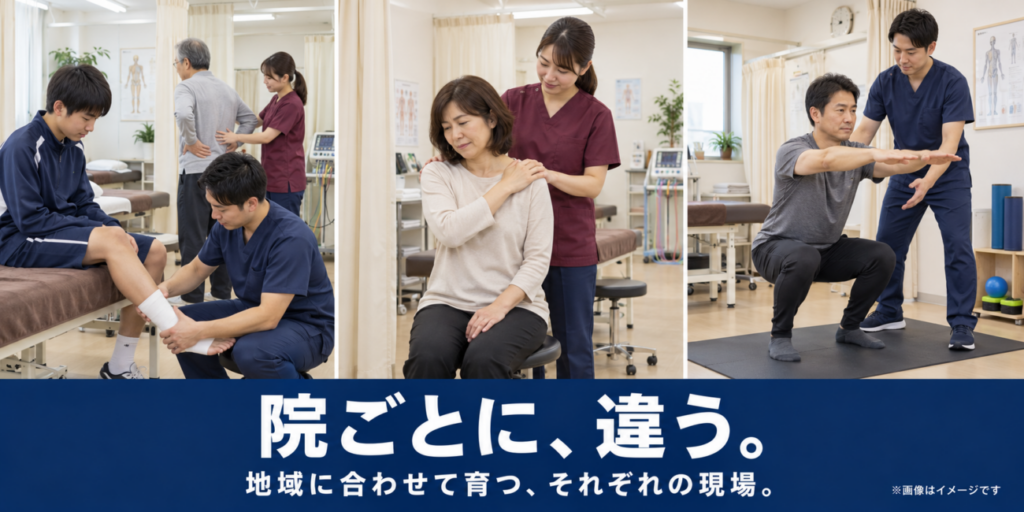 路面院、商業施設内の院、スポーツクラブ併設院で働く施術スタッフのイメージ