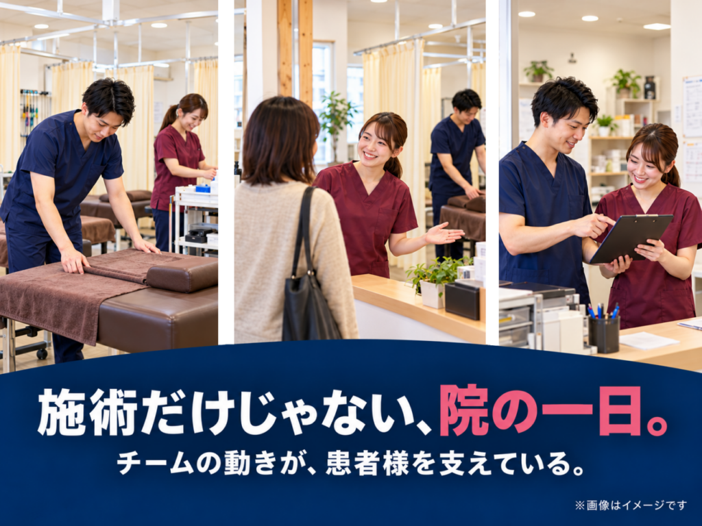 接骨院内で施術準備、患者様の受け入れ、記録と情報共有を行うスタッフのイメージ