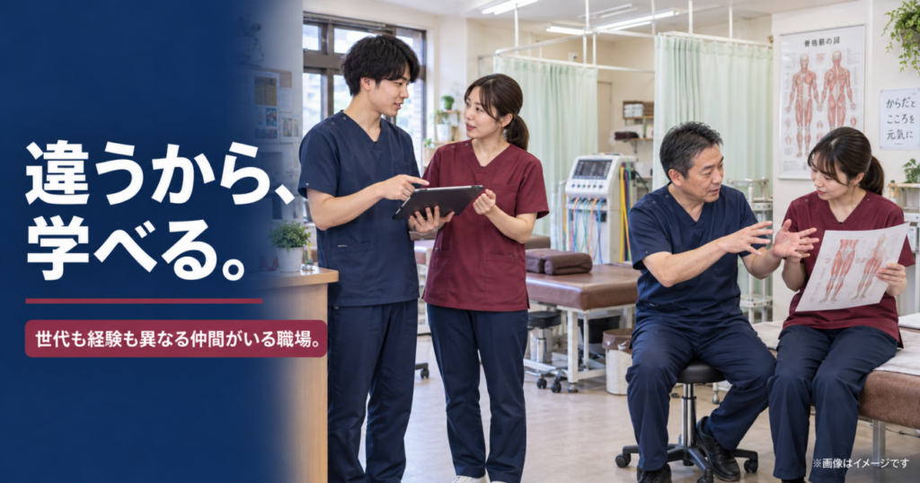 世代や経験の異なる施術スタッフが、接骨院内で知識や考え方を伝え合うイメージ