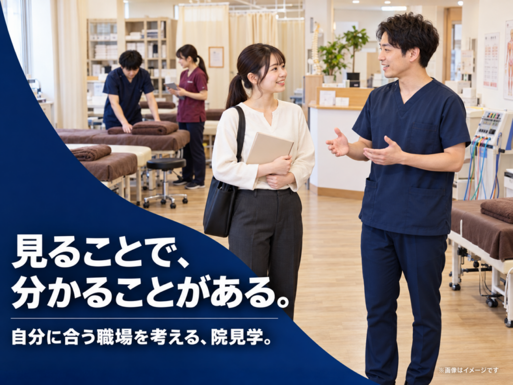 接骨院内を見学し、スタッフから院の仕事や職場の雰囲気について説明を受ける学生のイメージ