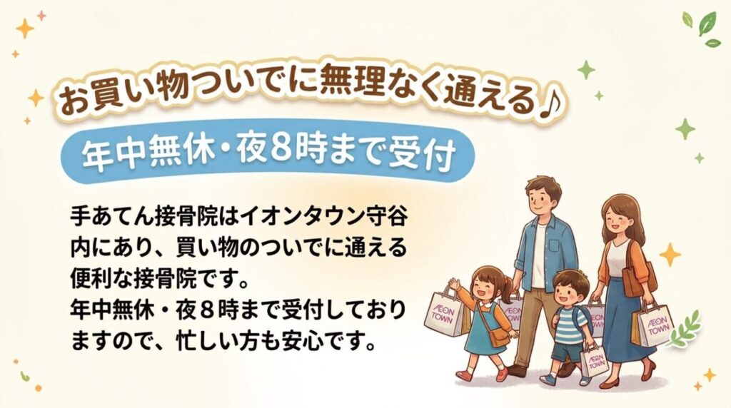 手あてん接骨院はイオンタウン守谷内にあり、買い物のついでに通える便利な接骨院です。年中無休・夜8時まで受付しておりますので、忙しい方も安心です。